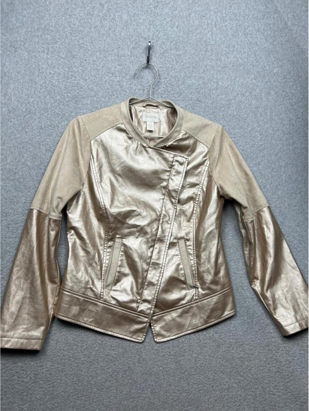 Chico's Faux Leather Moto Full Zip Jacket Womens S Metallic Champagne gold